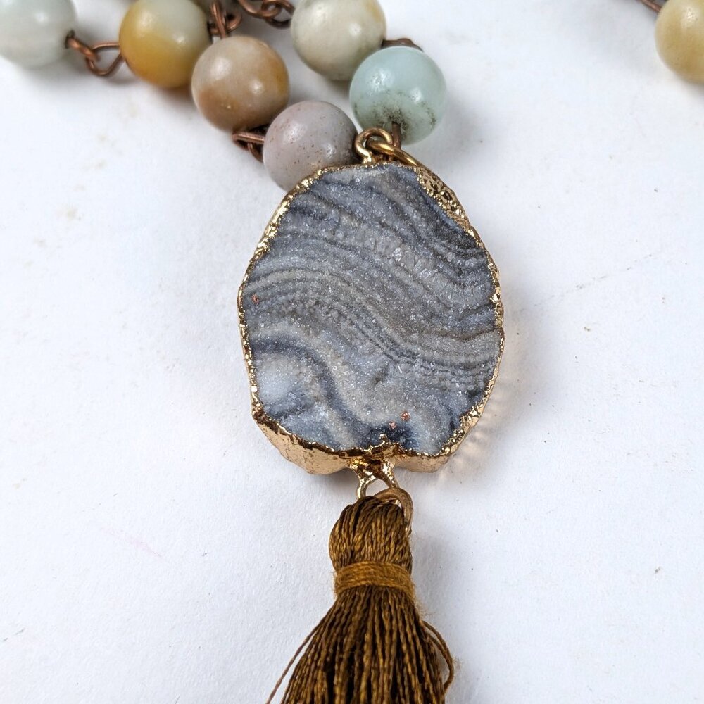 Long Beaded Natural Stone Gold Tassel Necklace - Picture 4 of 7